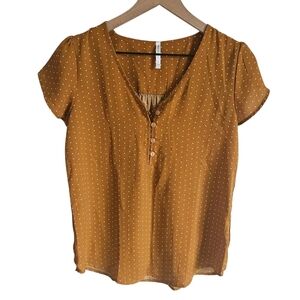 Dna Couture Mustard Yellow Polka Dot Short Sleeve V Neck Blouse